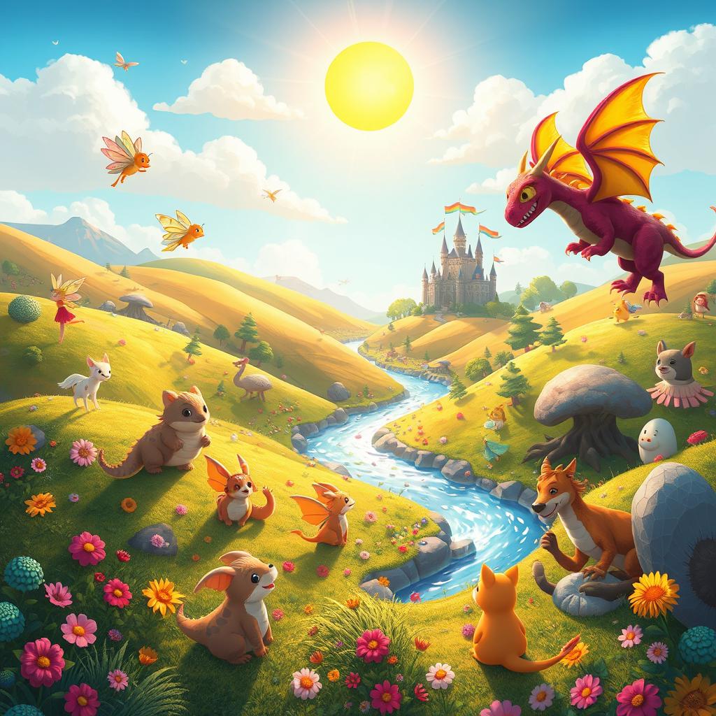 Create a vibrant and colorful animated scene featuring an imaginative fantasy world filled with whimsical creatures