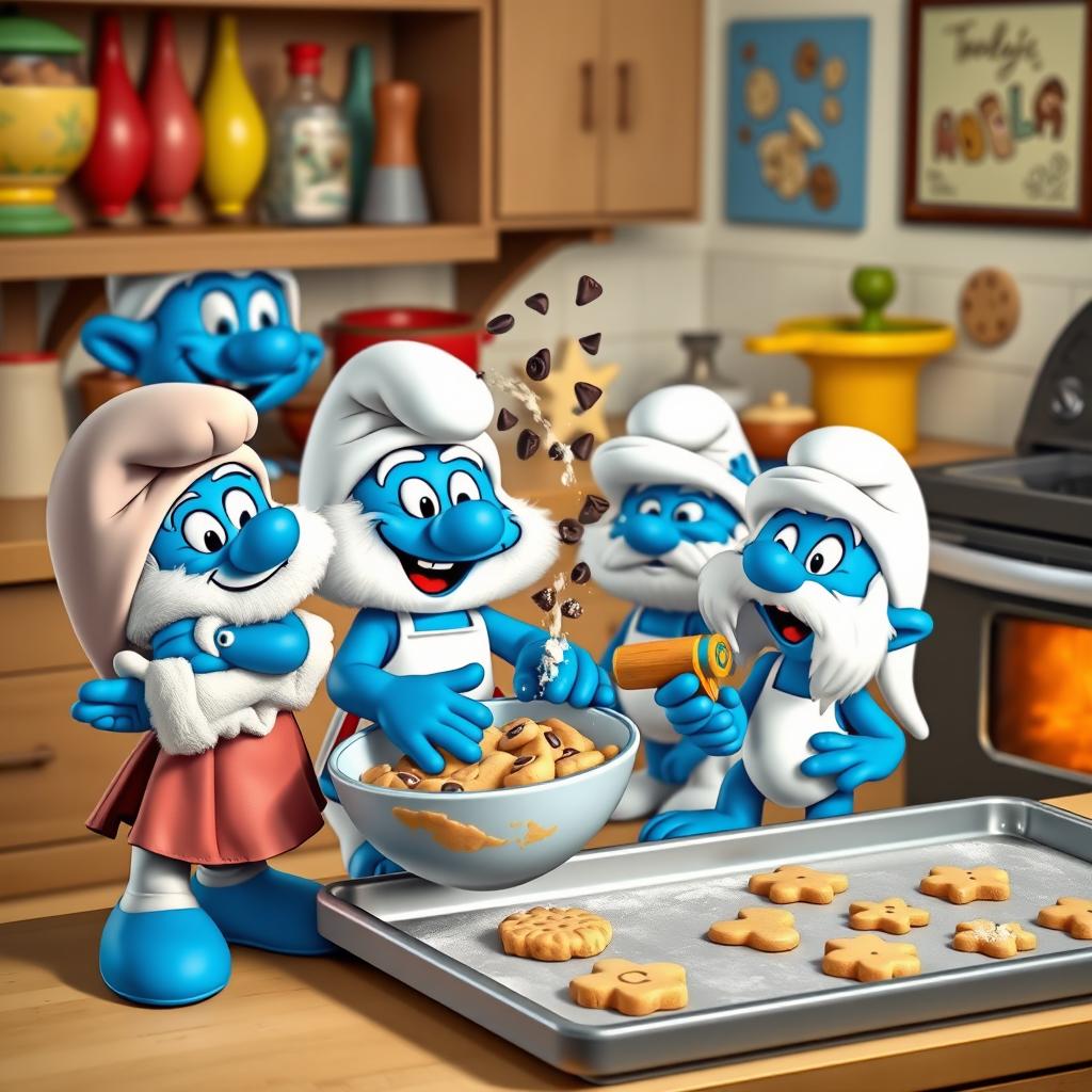 Four unique Smurf characters excitedly preparing to bake cookies