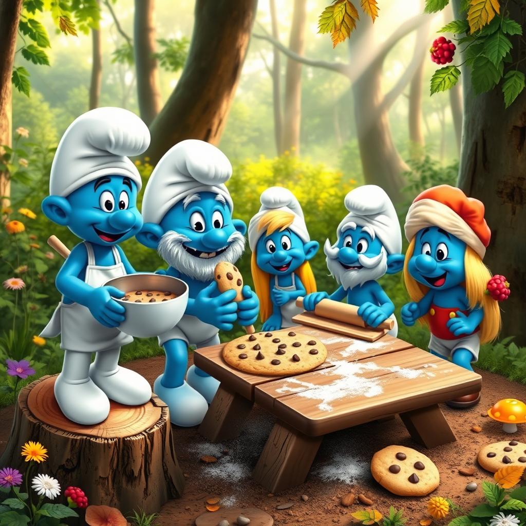 Four unique Smurf characters in a forest setting, excitedly preparing to bake cookies