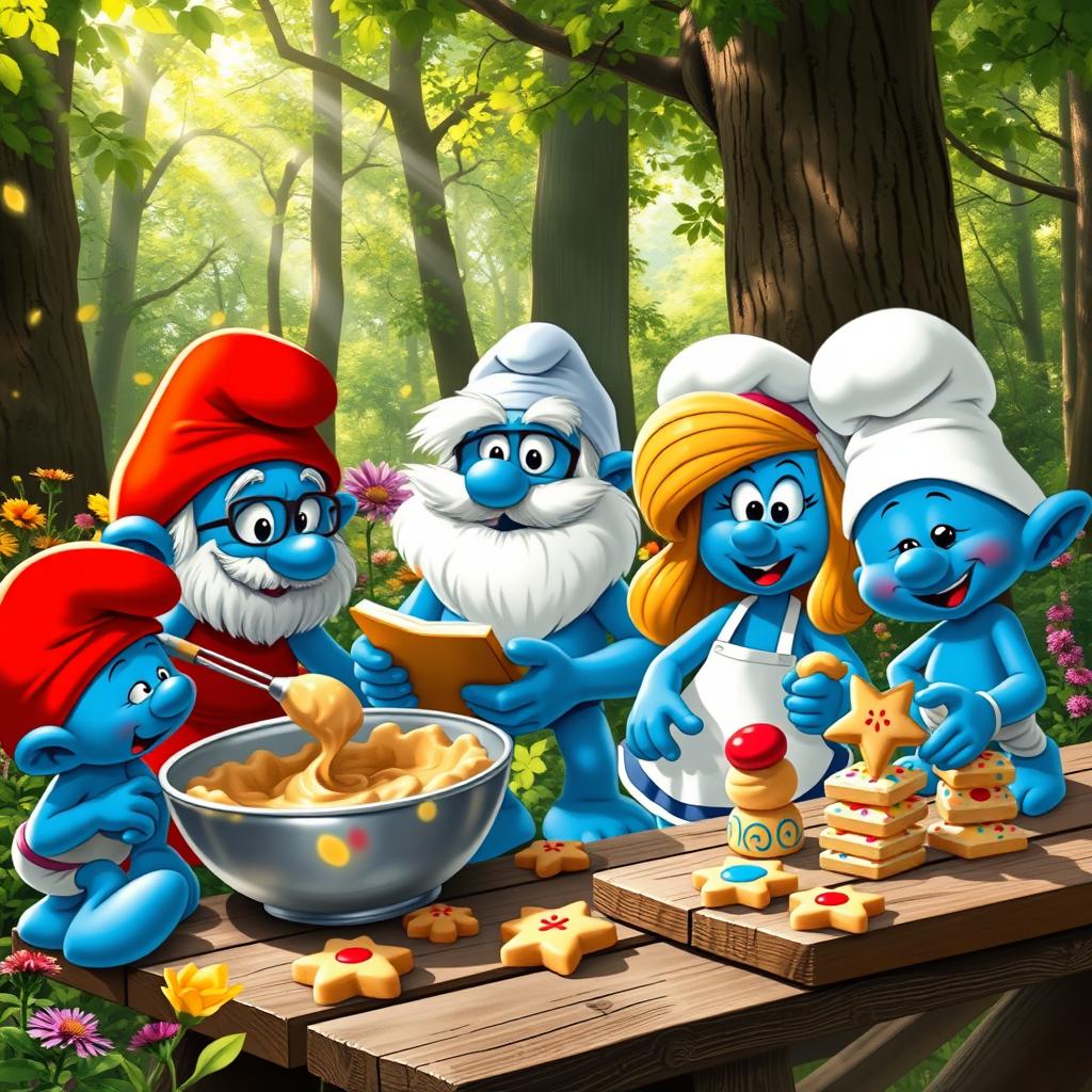 Four unique Smurf characters in a forest setting, excitedly preparing to bake cookies