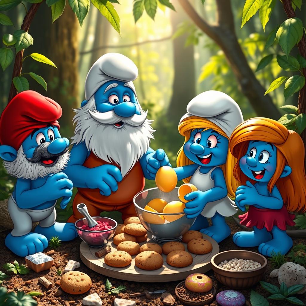 Four Smurfs in a vibrant forest setting, enthusiastically preparing to bake cookies