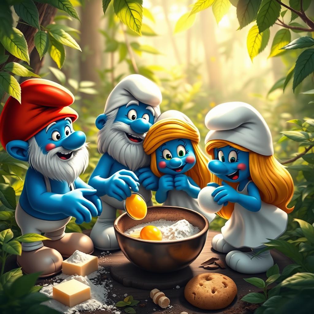 Four Smurfs in a vibrant forest setting, excitedly preparing to bake cookies