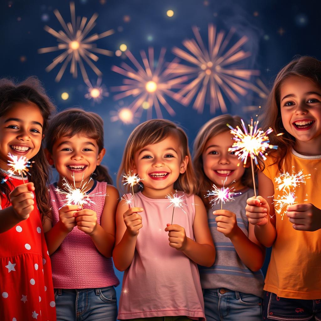 A joyful scene featuring children of diverse backgrounds, filled with excitement as they hold colorful sparklers, lighting them up in a festive atmosphere