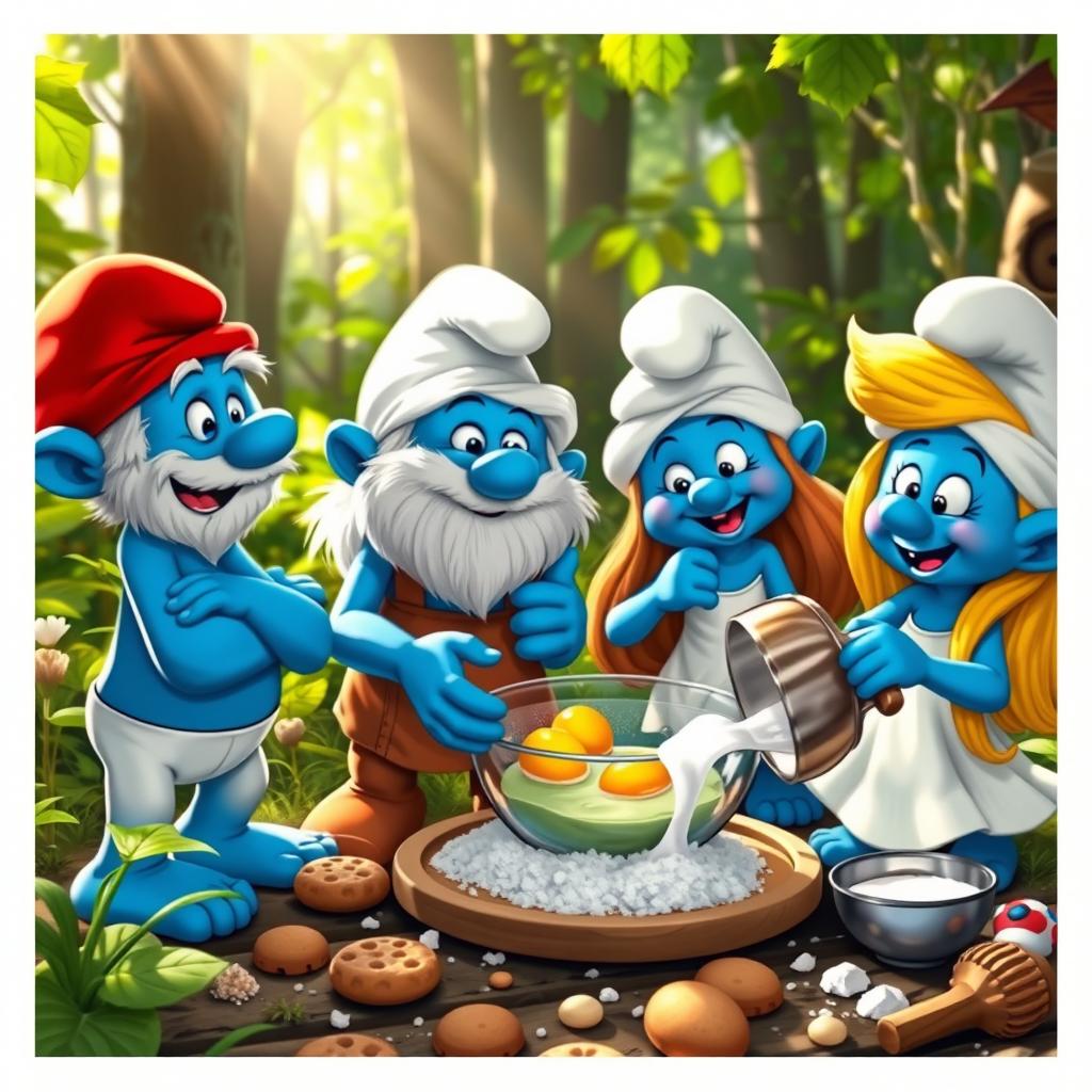 Four Smurfs in a lively forest setting, joyfully preparing to bake cookies together