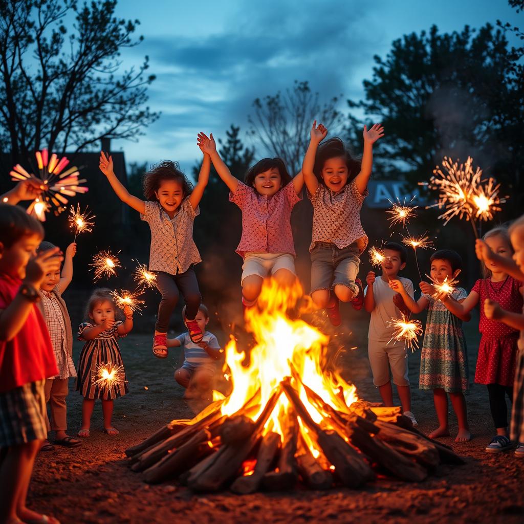 A joyous scene featuring children jumping over a playful fire, expressing their wishes or prayers with cheerful expressions