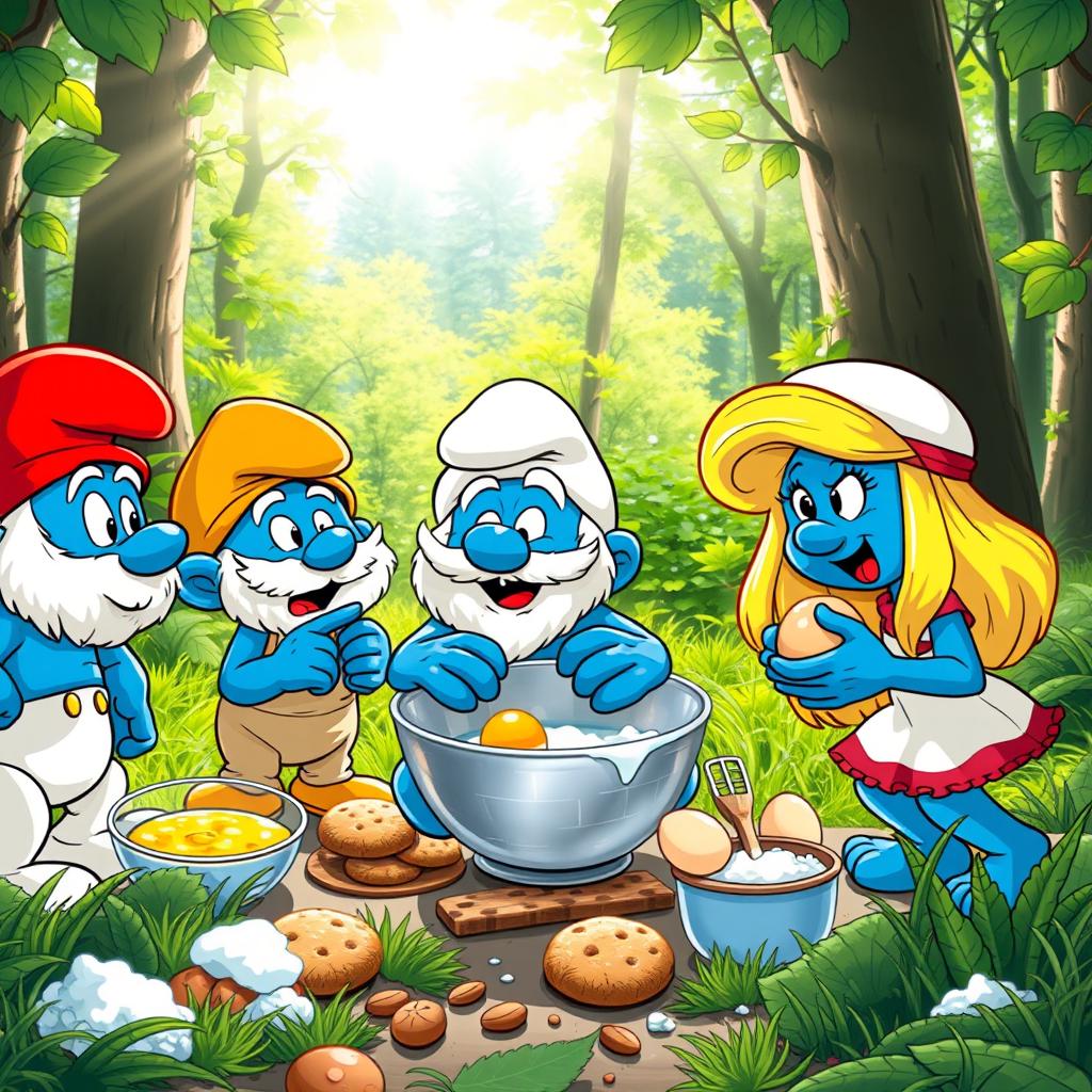 Four Smurfs in a lively forest, excitedly preparing to bake cookies