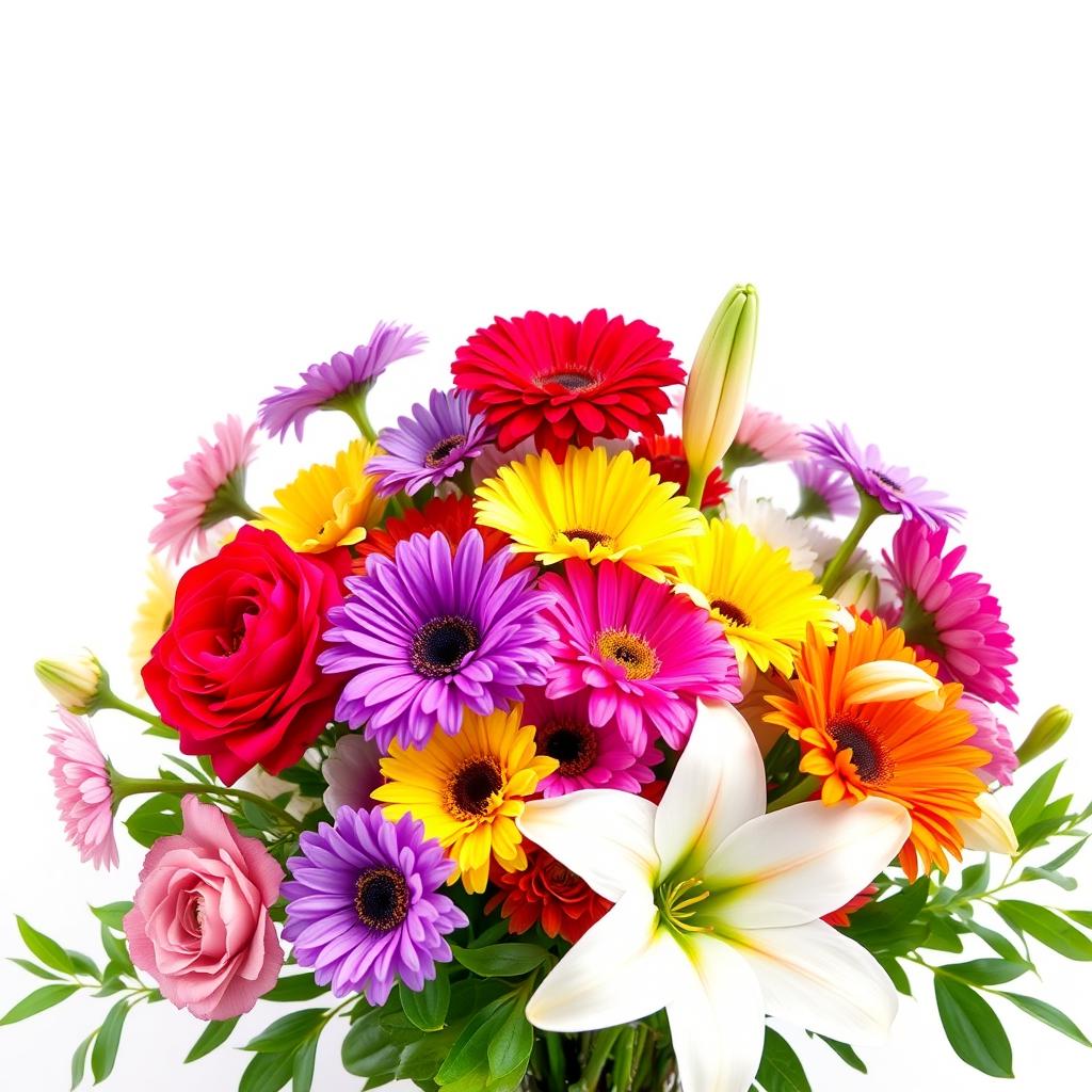 An image featuring a beautiful arrangement of flowers in vibrant colors, including roses, daisies, and lilies, placed against a stark white background