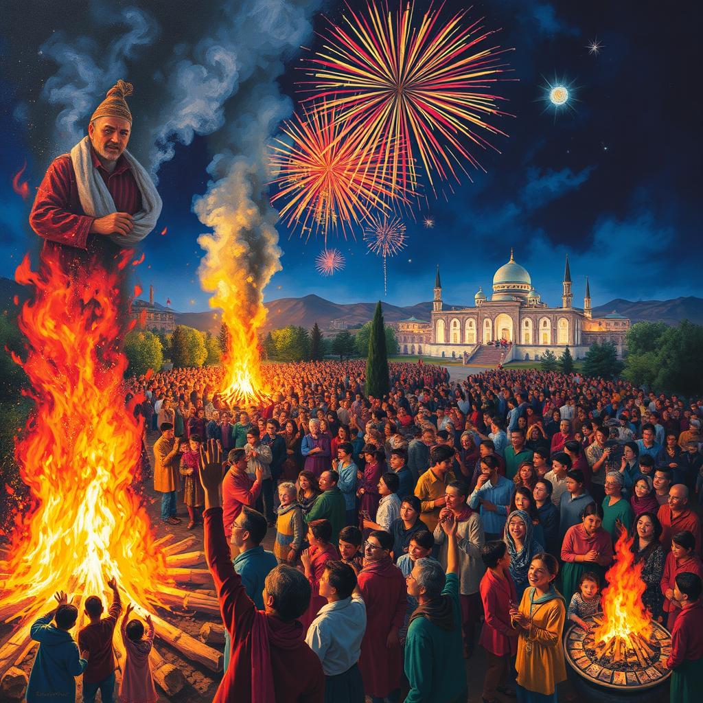 A vibrant and dynamic painting capturing the essence of Chaharshanbe Suri, the traditional Persian festival of fire