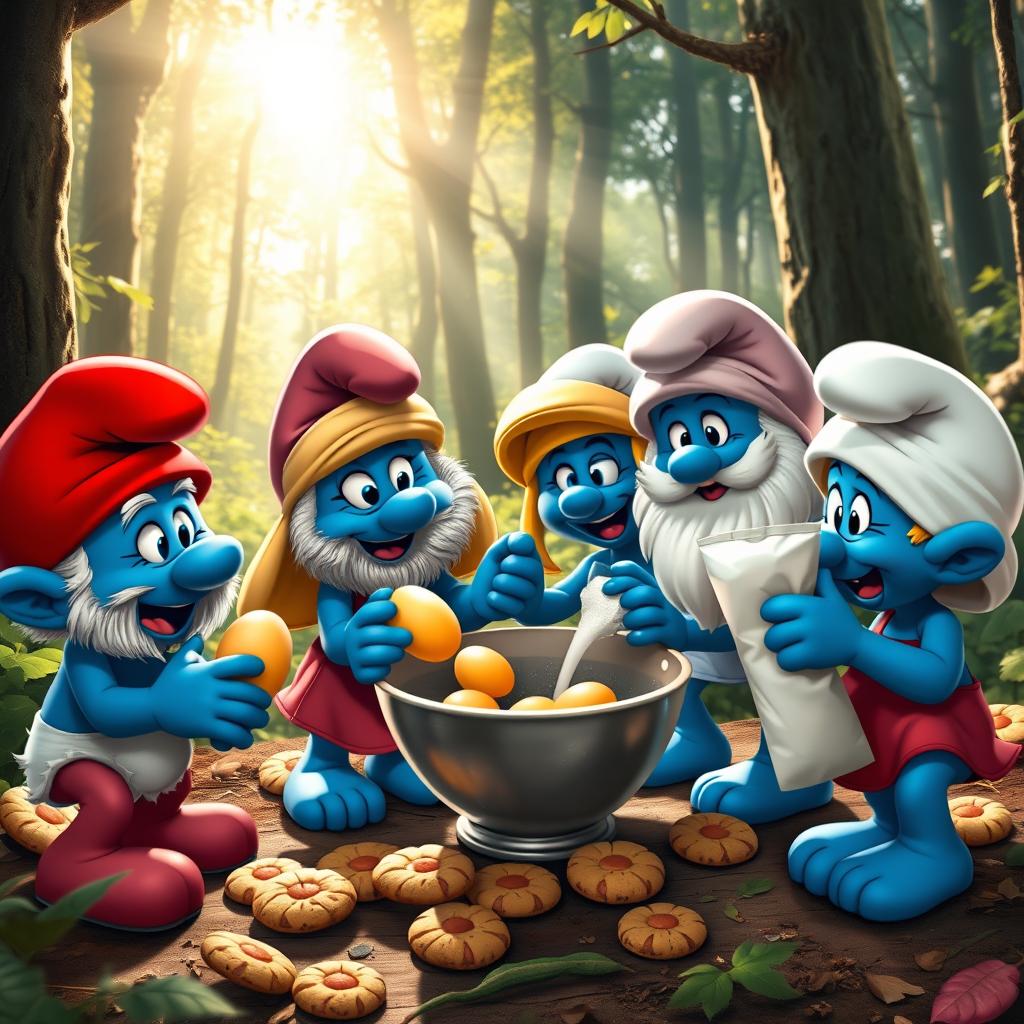 Four Smurfs in a lush forest setting, excitedly baking cookies together