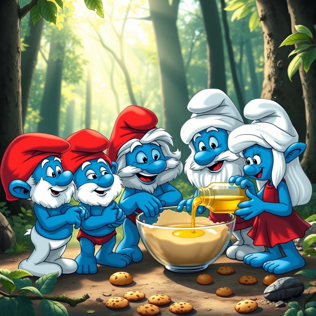 Four Smurfs in a lush forest setting, happily baking cookies together
