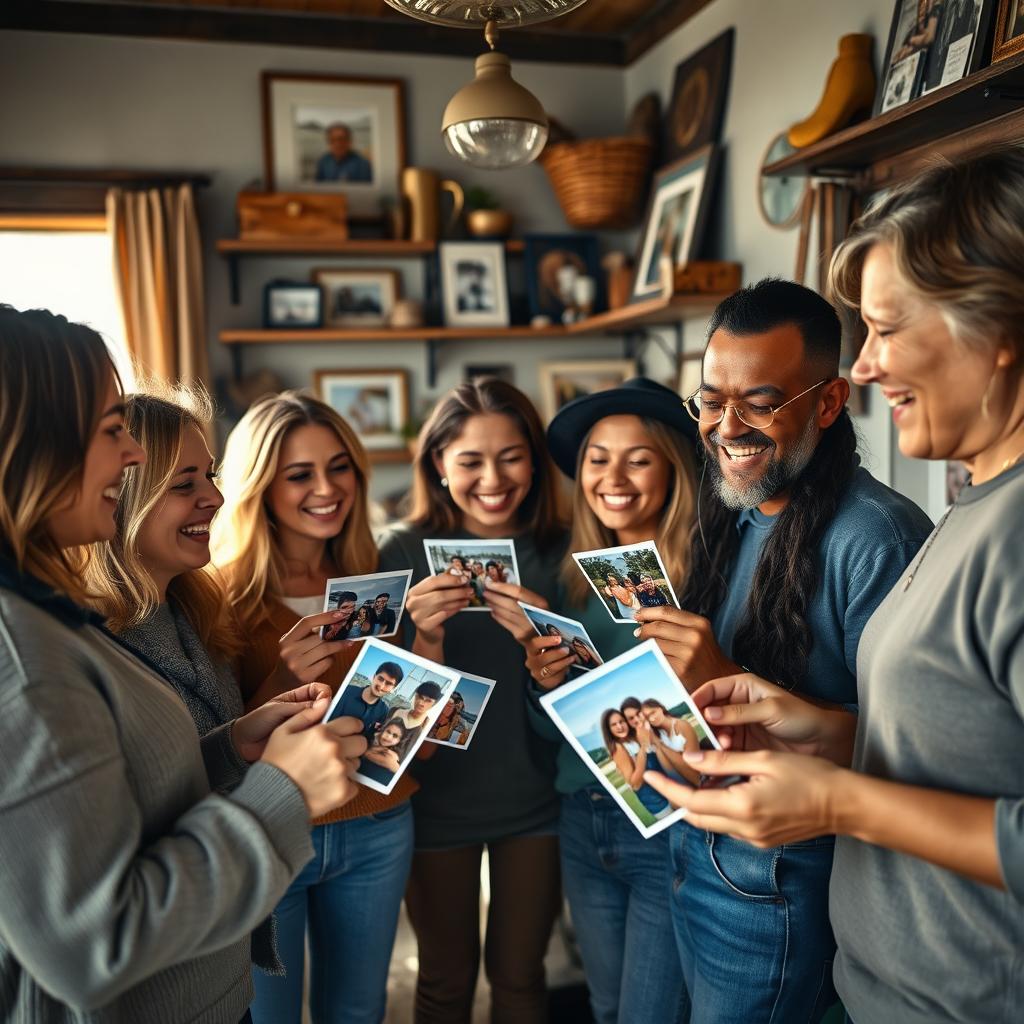 A nostalgic scene depicting a group of friends gathered together, sharing and passing around photographs
