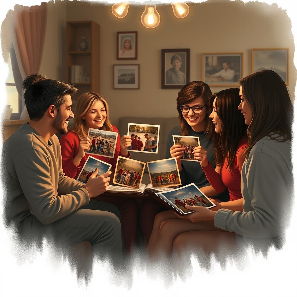 A nostalgic and reflective scene depicting a group of friends gathered around sharing photos, reminiscing about past moments spent together, with smiles and laughter