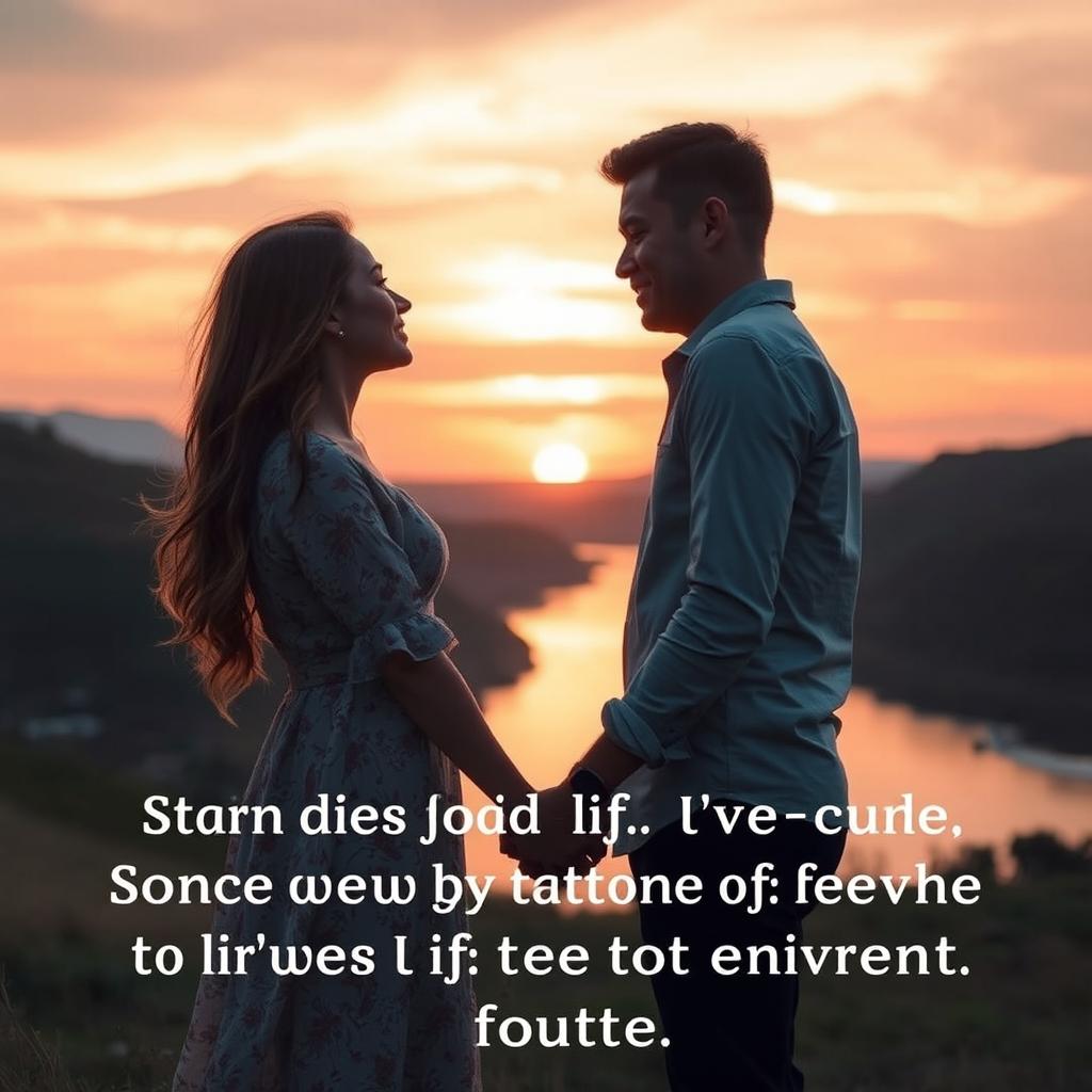 A serene and emotional setting featuring a couple standing together, holding hands in a beautiful landscape