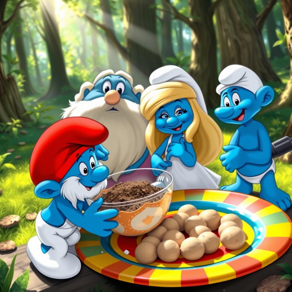 Four Smurfs in a colorful forest setting, joyfully preparing to bake cookies