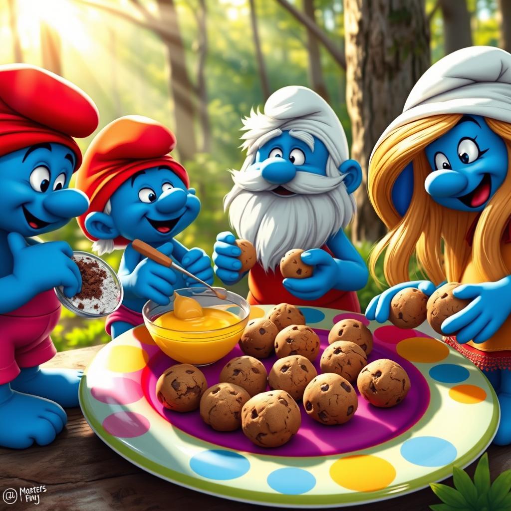 Four Smurfs in a colorful forest setting, joyfully baking cookies
