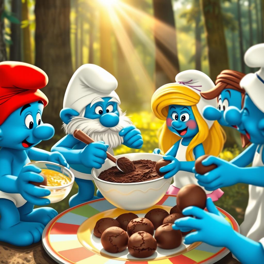Four Smurfs in a vibrant forest setting, excitedly baking cookies together