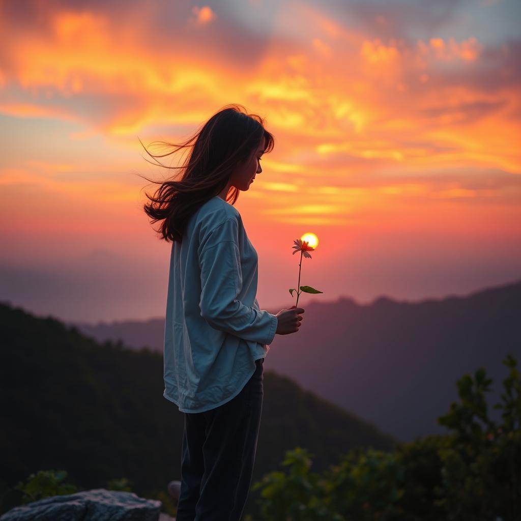 A serene and emotional scene depicting an ethereal moment in nature, where a person stands on a cliff overlooking a beautiful sunset, symbolizing a promise of unwavering support and companionship