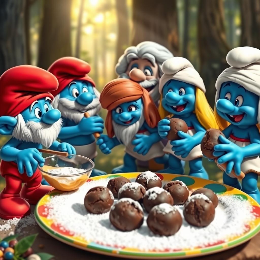 Four Smurfs in a colorful forest setting, joyfully preparing to bake cookies