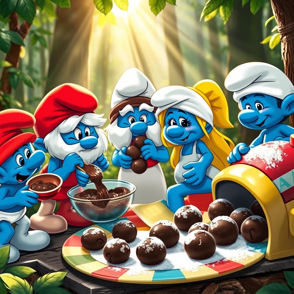 Four Smurfs in a lively forest kitchen, excitedly preparing to bake rich chocolate cookies