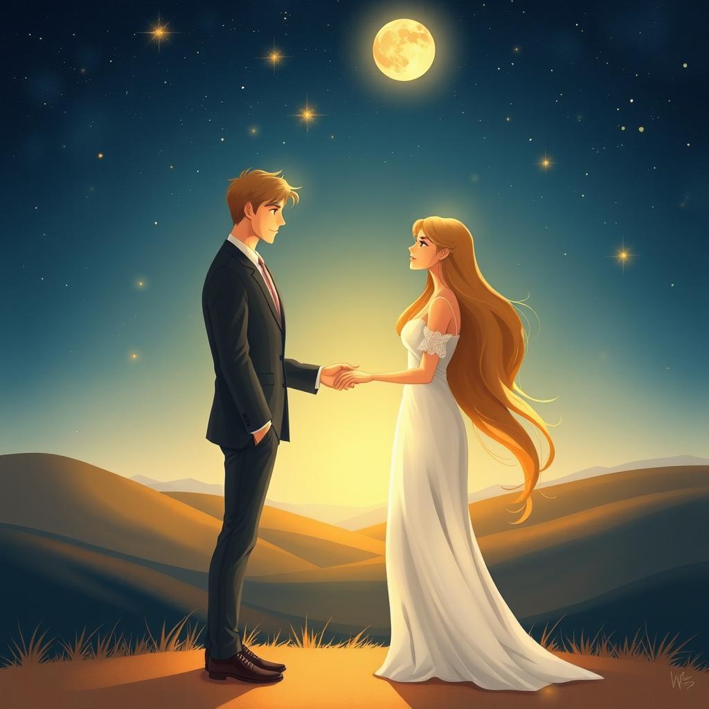 A beautifully illustrated scene inspired by a heartfelt promise, depicting two figures standing together under a starry sky with a glowing moon in the background