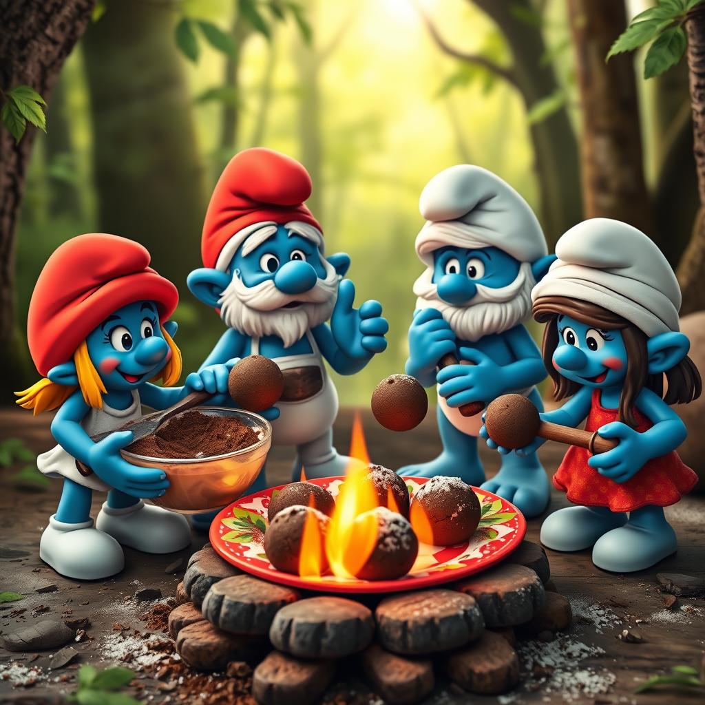 Four Smurfs in a lively forest kitchen, enthusiastically preparing to bake delicious chocolate cookies