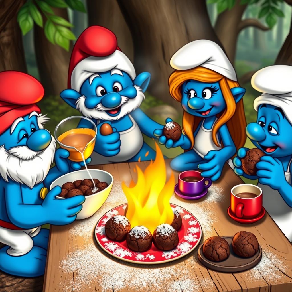 Four Smurfs in a lively forest kitchen, joyfully preparing to bake rich chocolate cookies