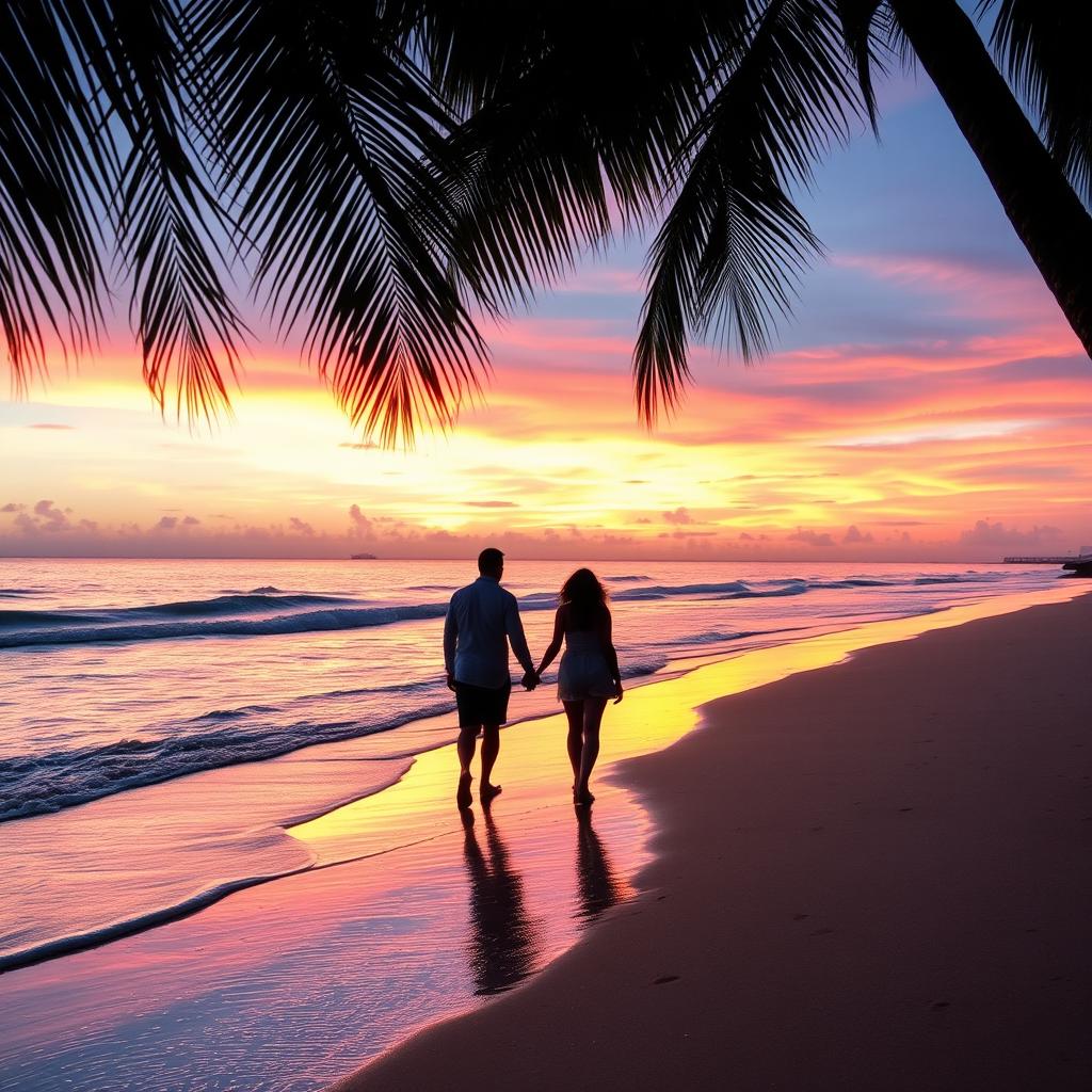 A serene beach during sunset, with soft waves lapping at the shore and a vivid orange and pink sky reflecting on the water