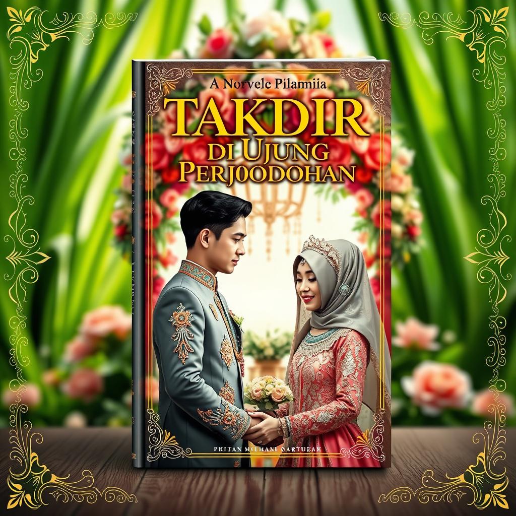 A captivating and visually stunning book cover design for a novel titled 'Takdir di Ujung Perjodohan'