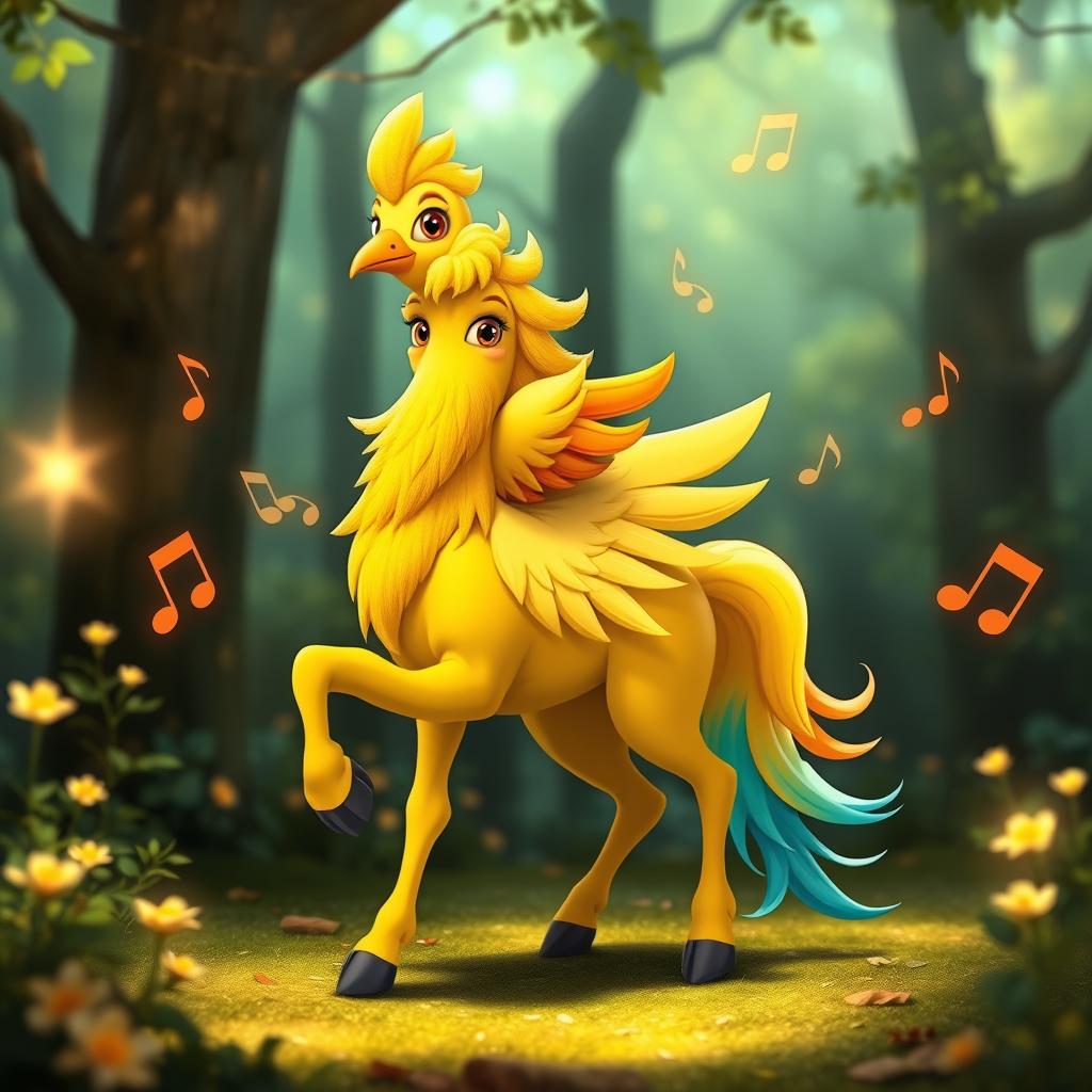 An animated character that is a unique blend of a canary and a centaur