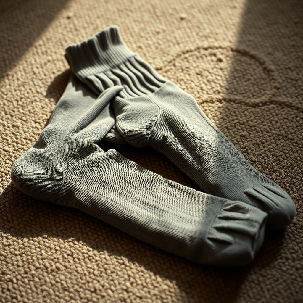 A highly detailed and realistic close-up image of a pair of worn men's socks, lying on a textured surface