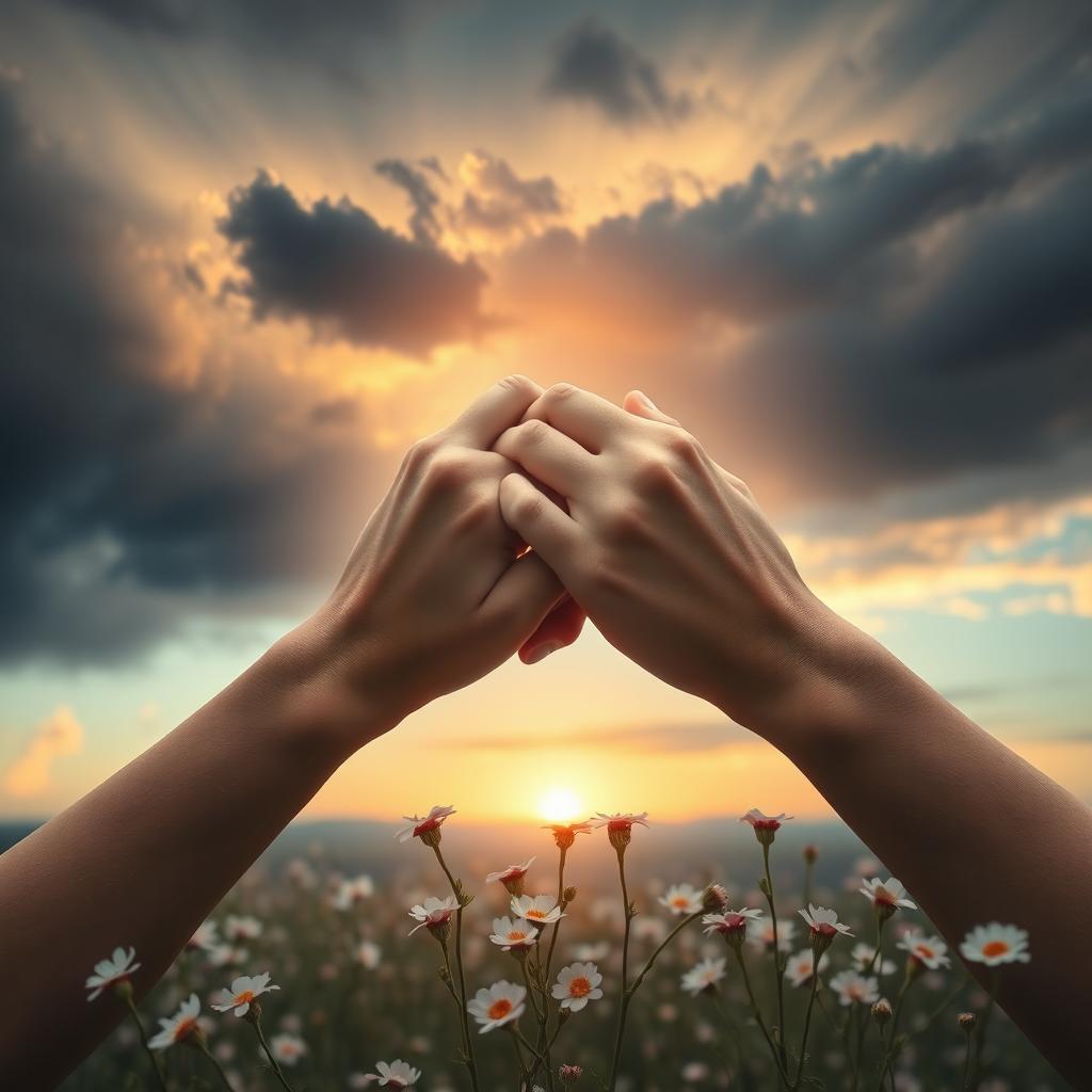A surreal and emotional scene depicting a pair of hands holding tightly together, symbolizing love and commitment