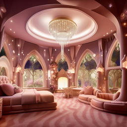 A billionaire's bungalow-style child's bedroom, filled with fun and luxury. It features a castle-shaped bed, soft plush carpeting, interactive wall murals, high-tech play equipment, hanging crystal lights, and floor-to-ceiling windows revealing lush garden views.