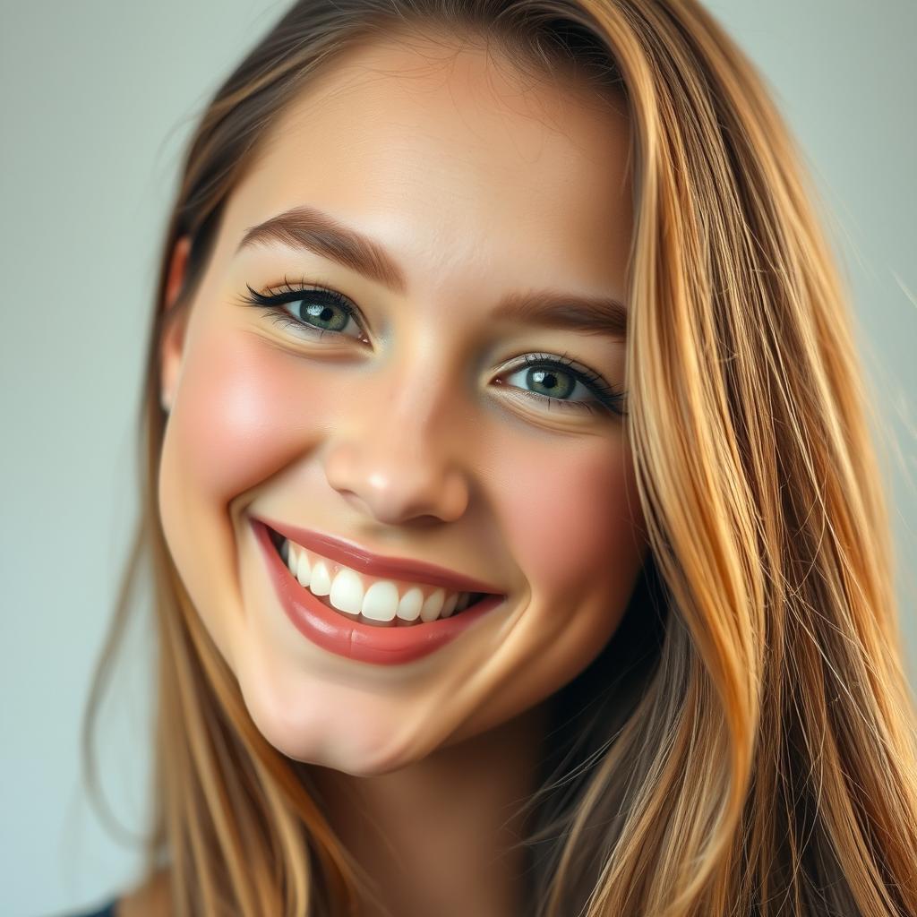 A beautiful portrait of a smiling young woman with slightly enhanced eyes and mouth to express joy