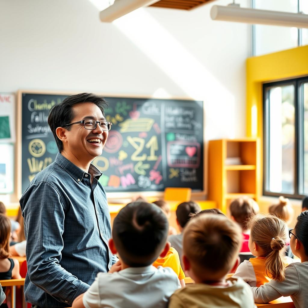 A male teacher joyfully teaching in a bright and colorful classroom