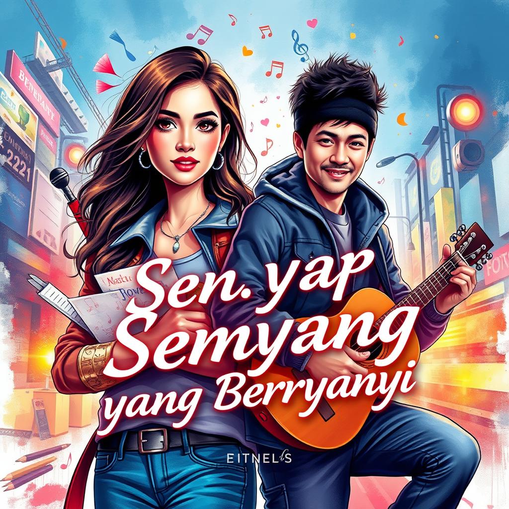 A stunning cover for a novel titled 'Senyap yang Bernyanyi', featuring a beautiful female graphic designer and a handsome street musician