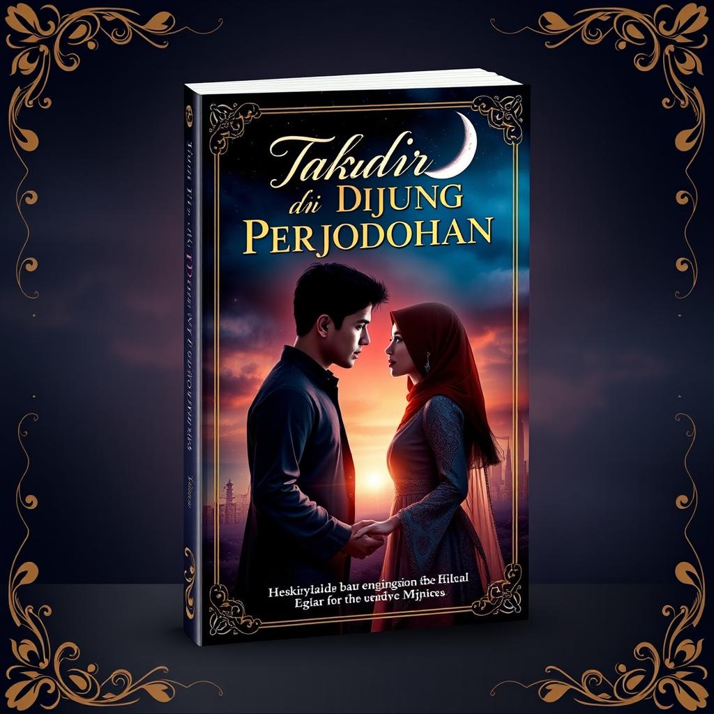 An eye-catching novel cover design for 'Takdir di Ujung Perjodohan', featuring a dramatic and romantic scene