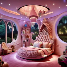 A billionaire's bungalow-style child's bedroom, filled with fun and luxury. It features a castle-shaped bed, soft plush carpeting, interactive wall murals, high-tech play equipment, hanging crystal lights, and floor-to-ceiling windows revealing lush garden views.