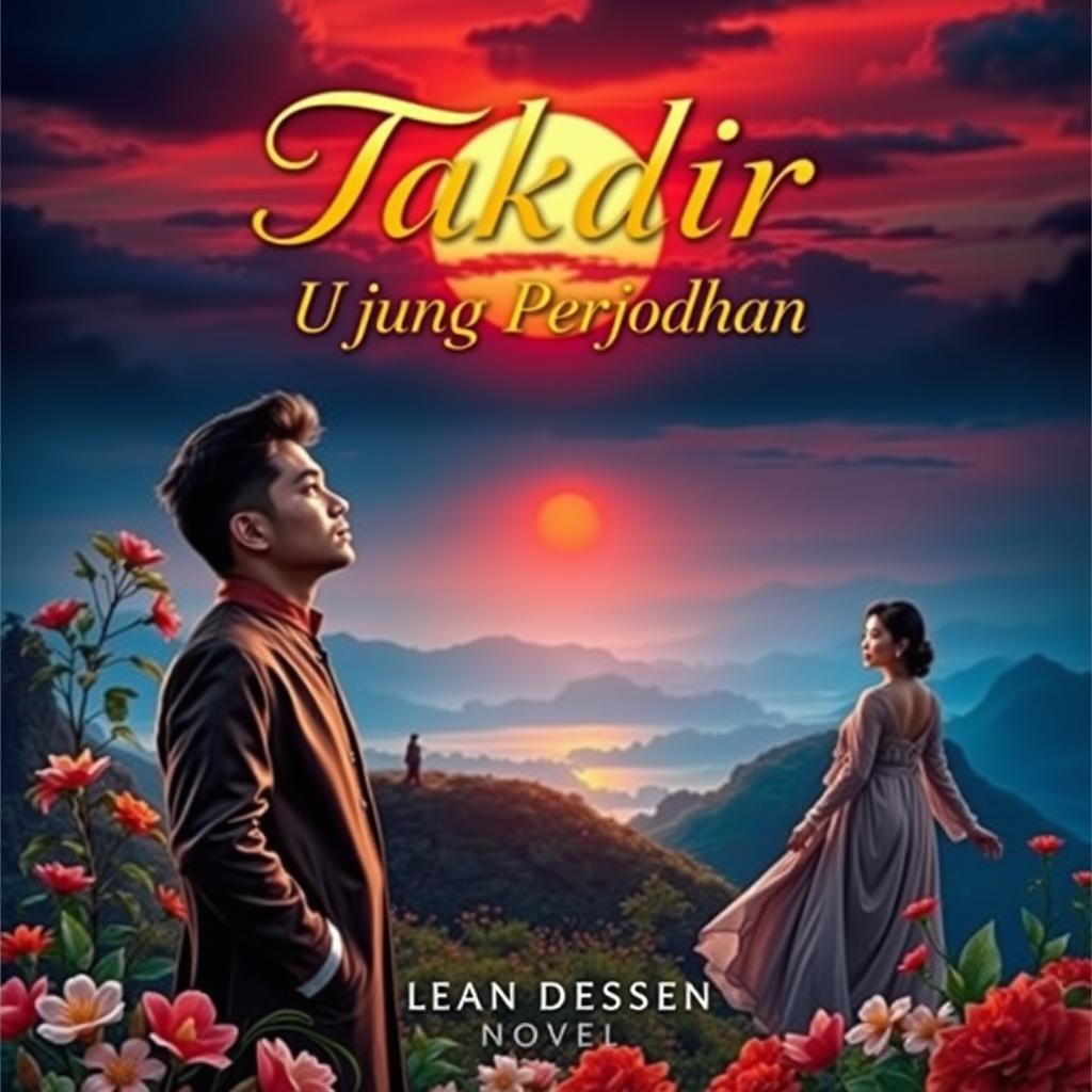 A captivating novel cover for 'Takdir di Ujung Perjodohan', featuring a dramatic sunset over a picturesque Indonesian landscape