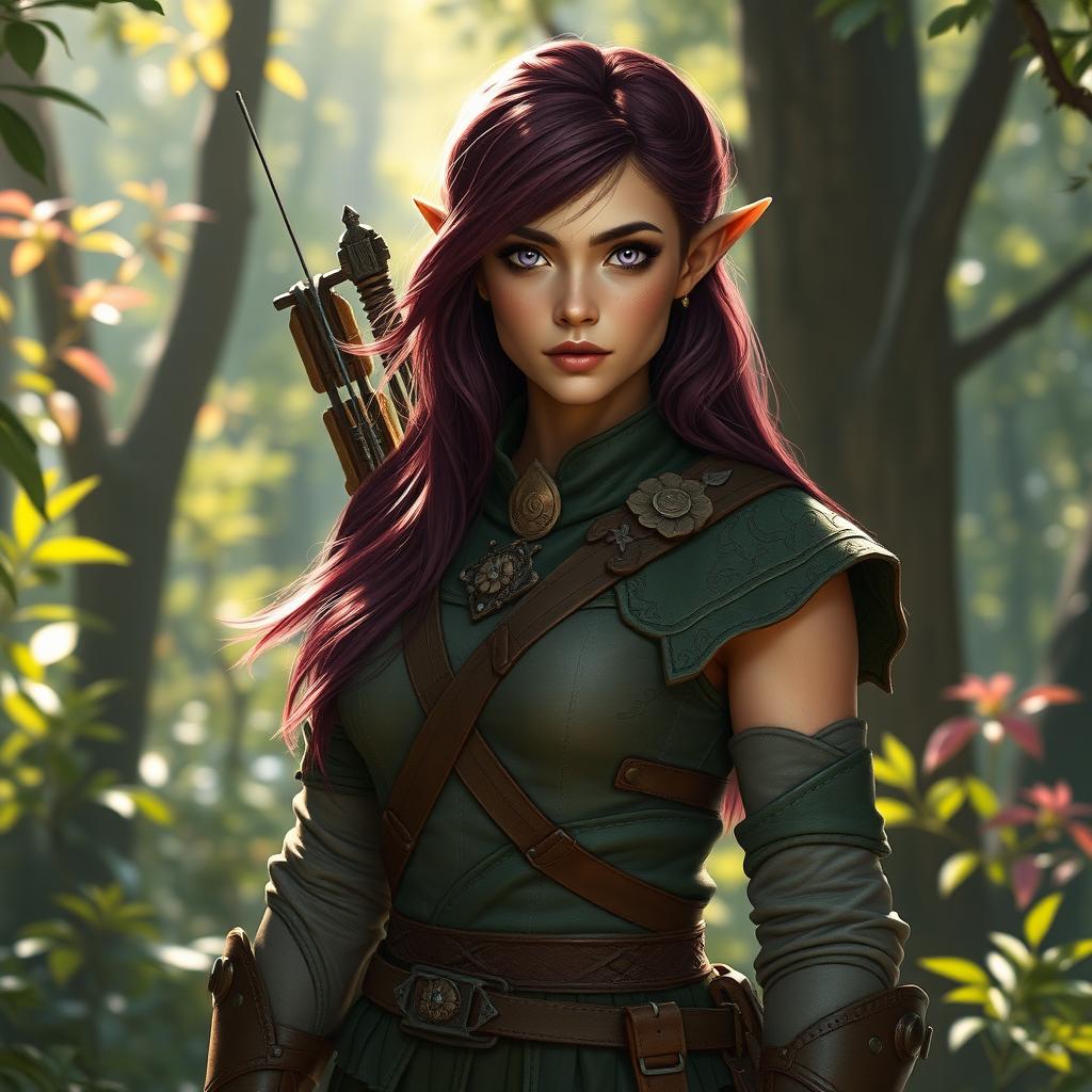 A female wood elf gloomstalker ranger with striking burgundy hair flowing down her shoulders, piercing purple eyes that seem to glow, and beautifully tanned skin