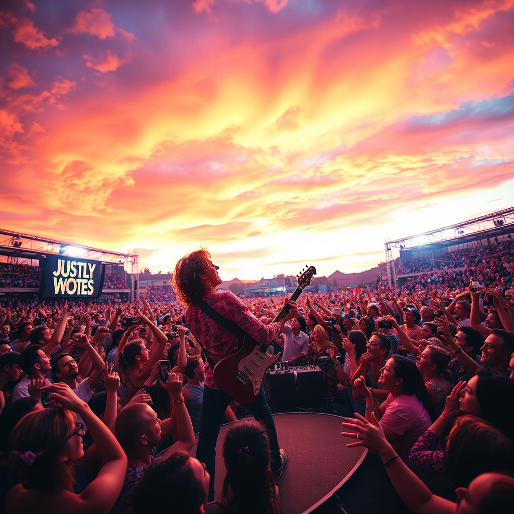 A powerful and inspiring scene of a vibrant, colorful concert in an outdoor arena, where a band is passionately performing