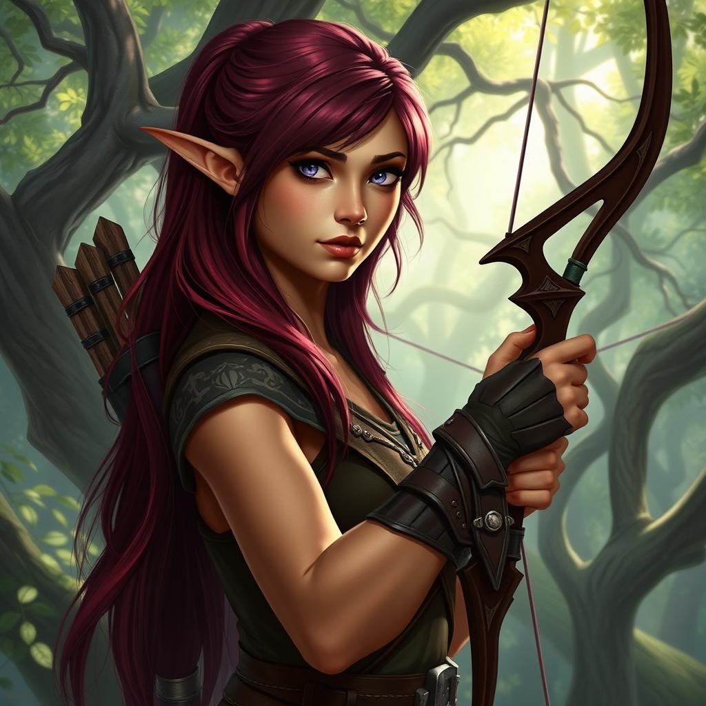 A female wood elf gloomstalker ranger with striking burgundy hair flowing down her back
