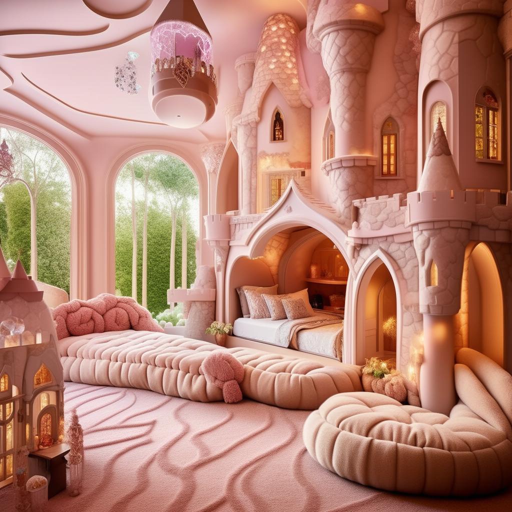 A billionaire's bungalow-style child's bedroom, filled with fun and luxury. It features a castle-shaped bed, soft plush carpeting, interactive wall murals, high-tech play equipment, hanging crystal lights, and floor-to-ceiling windows revealing lush garden views.