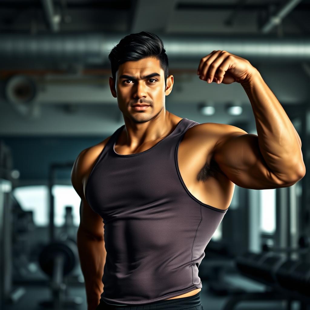 A muscular man posing confidently in a well-lit gym environment