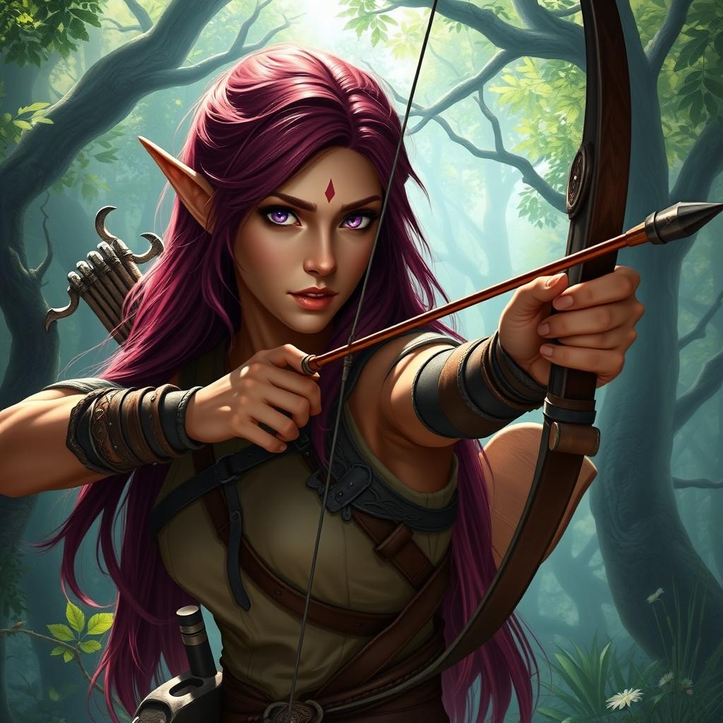 A female wood elf gloomstalker ranger with burgundy hair cascading down her back, striking purple eyes that shimmer with mystery, and tanned skin that blends seamlessly with her forest surroundings