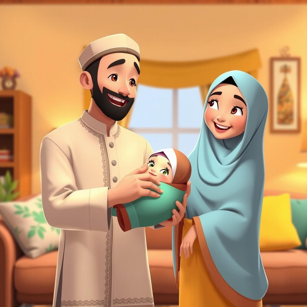 An animated scene depicting a joyful Muslim family consisting of a father, a mother, and their baby