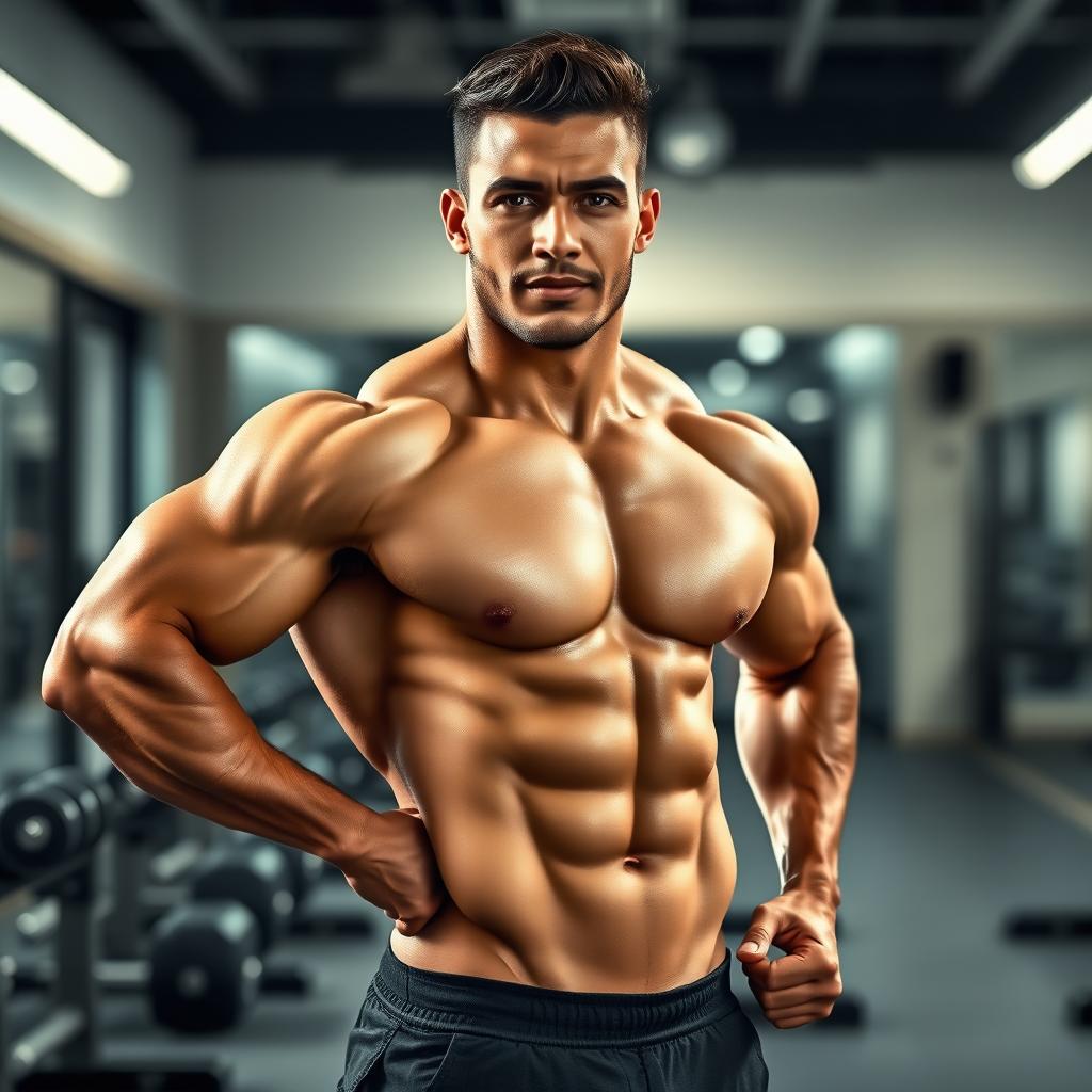 A bare-chested muscular man posing confidently in a well-lit gym environment