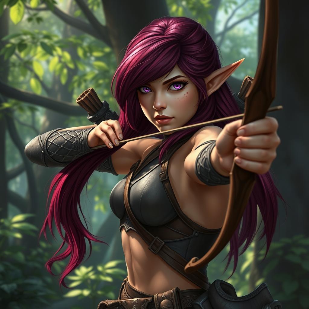 A female wood elf gloomstalker ranger with striking burgundy hair cascading down her shoulders and vibrant purple eyes that glimmer with intensity