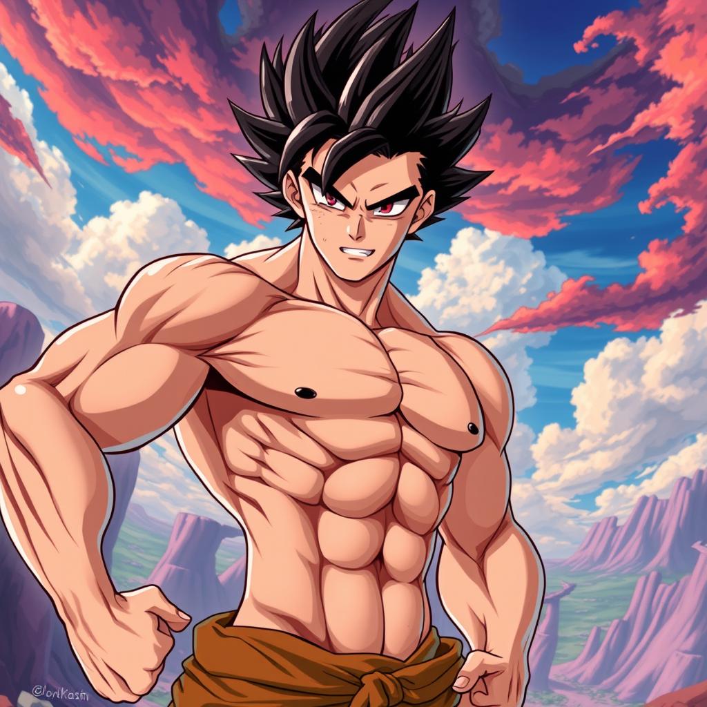 A bare-chested muscular anime man posing heroically in an action-packed scene
