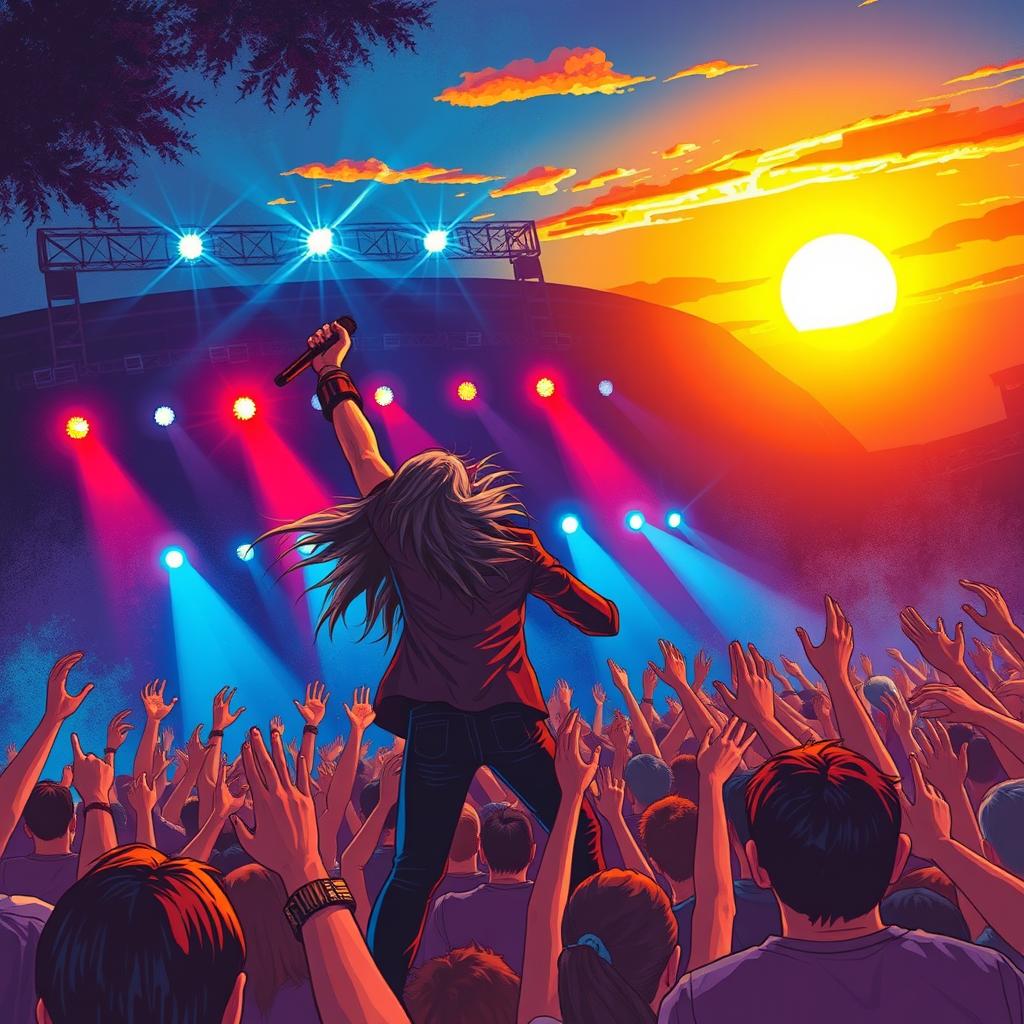 An evocative illustration capturing a dramatic moment in a grand concert setting, featuring a dynamic rock band performing passionately on stage