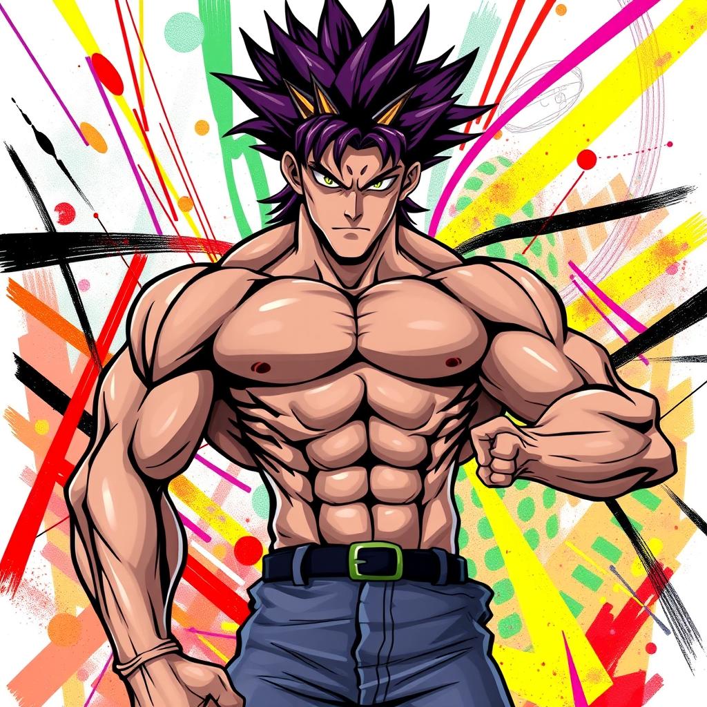 A muscular anime character inspired by the style of JoJo's Bizarre Adventure, posing dramatically while bare-chested